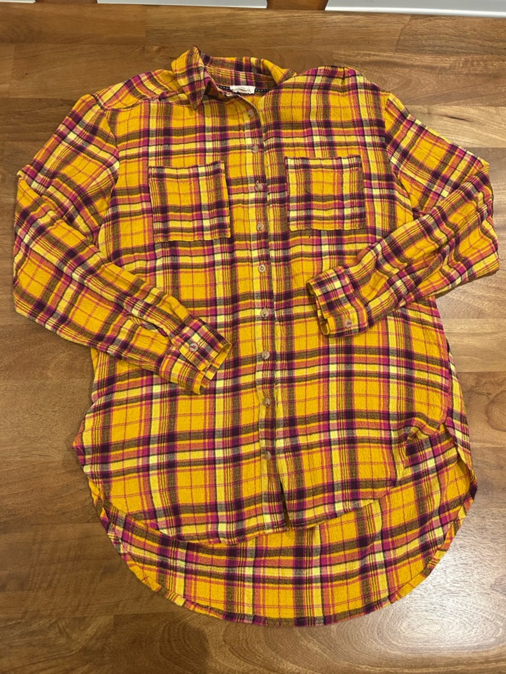 Pilcro Yellow and Magenta Plaid Button-Down Flowy Shirt Size XS